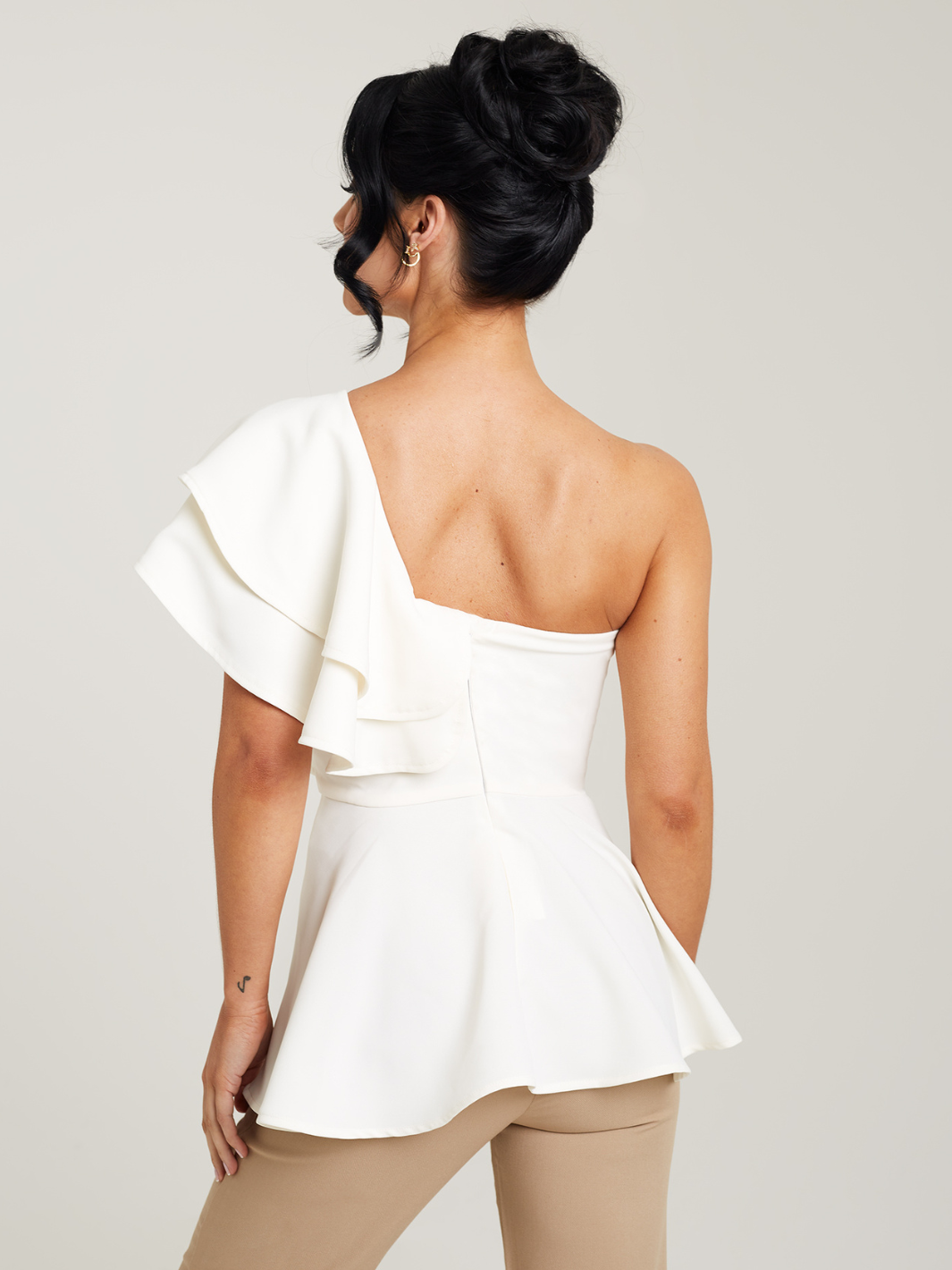 One Shoulder Ruffle Peplum Top | Cream ( UK & ROW )