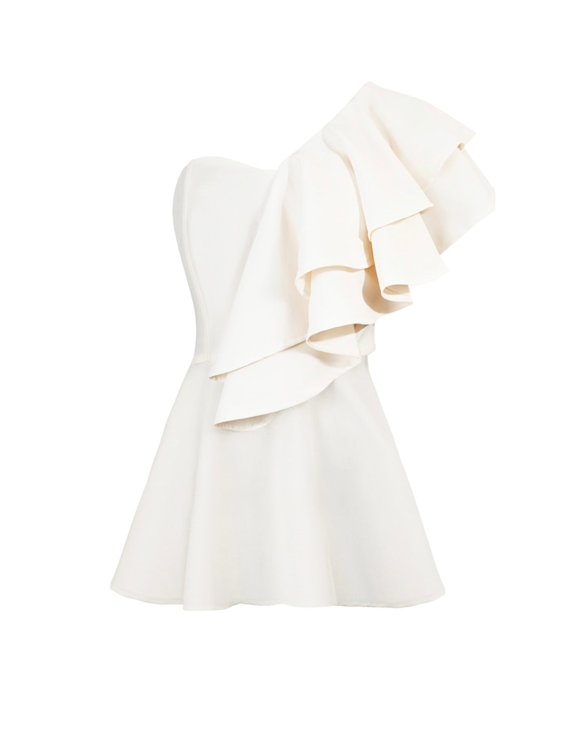 Cream one-shoulder ruffle peplum top. This sophisticated top showcases a single shoulder design with a charming ruffle detail and a flattering peplum silhouette. The cream color adds a touch of elegance, making it a versatile and stylish choice for various occasions