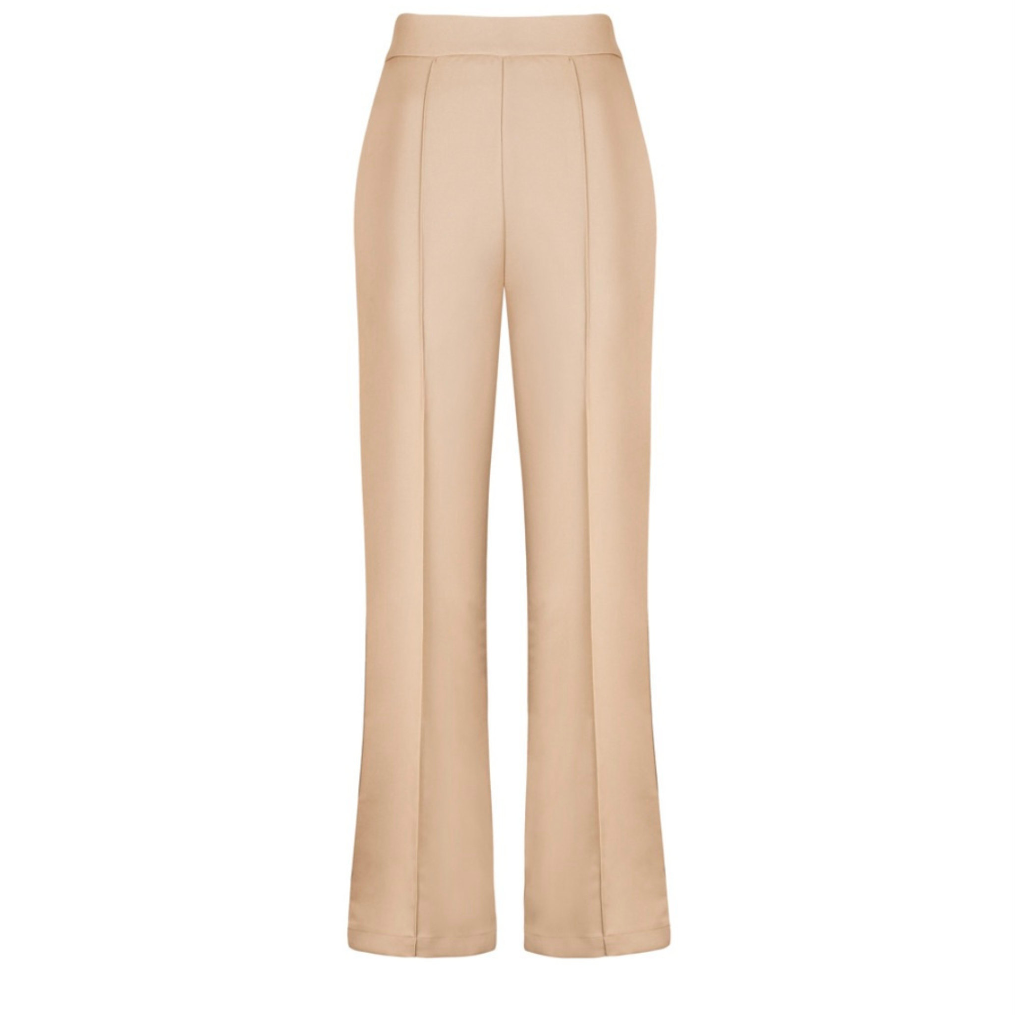 Beige high-waisted, wide-leg tailored trousers for women. Timeless and sophisticated, these trousers feature a flowing silhouette with a flattering fit. Perfect for adding a touch of elegance to any outfit