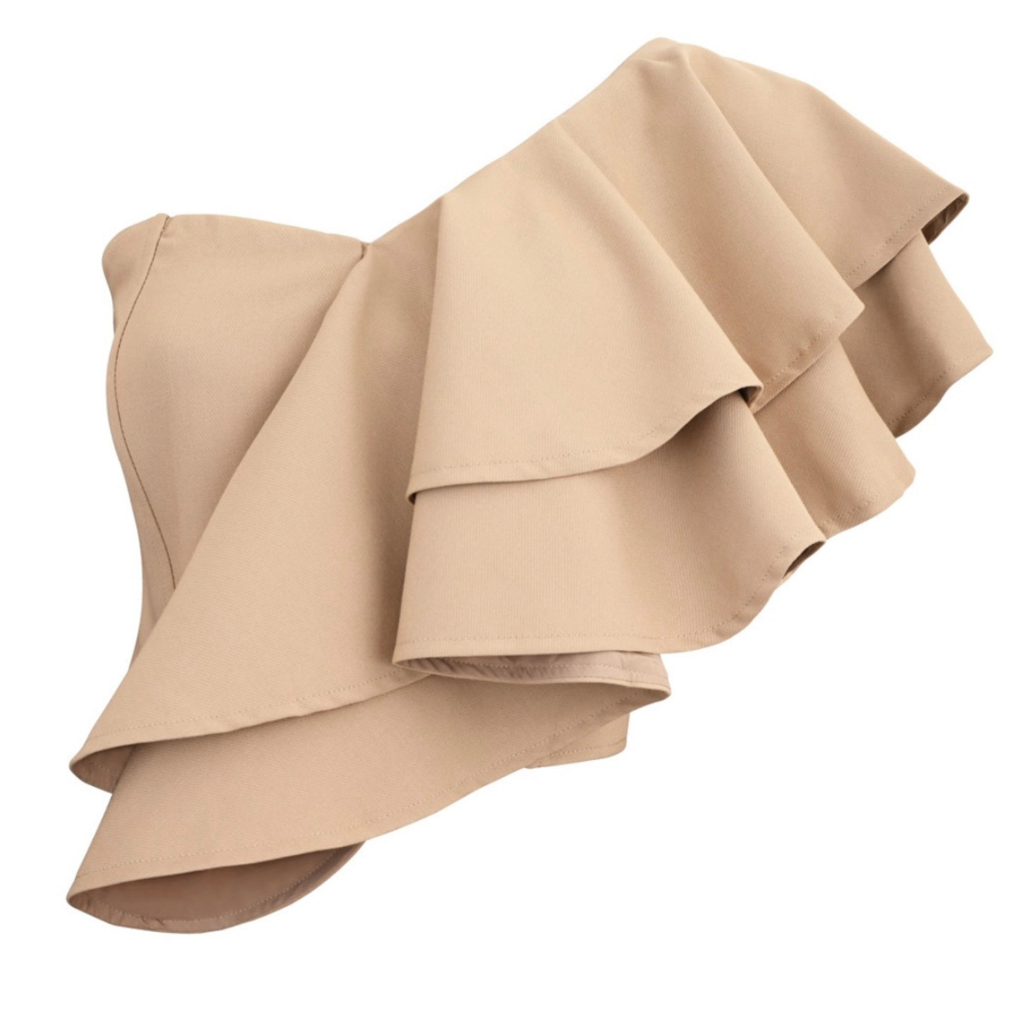 Beige one-shoulder ruffle crop top with boning for support. This chic crop top features a single shoulder design, delicate ruffle detailing, and boning for added support and structure. The versatile beige color adds a touch of sophistication, making it a trendy and stylish choice for any occasion.
