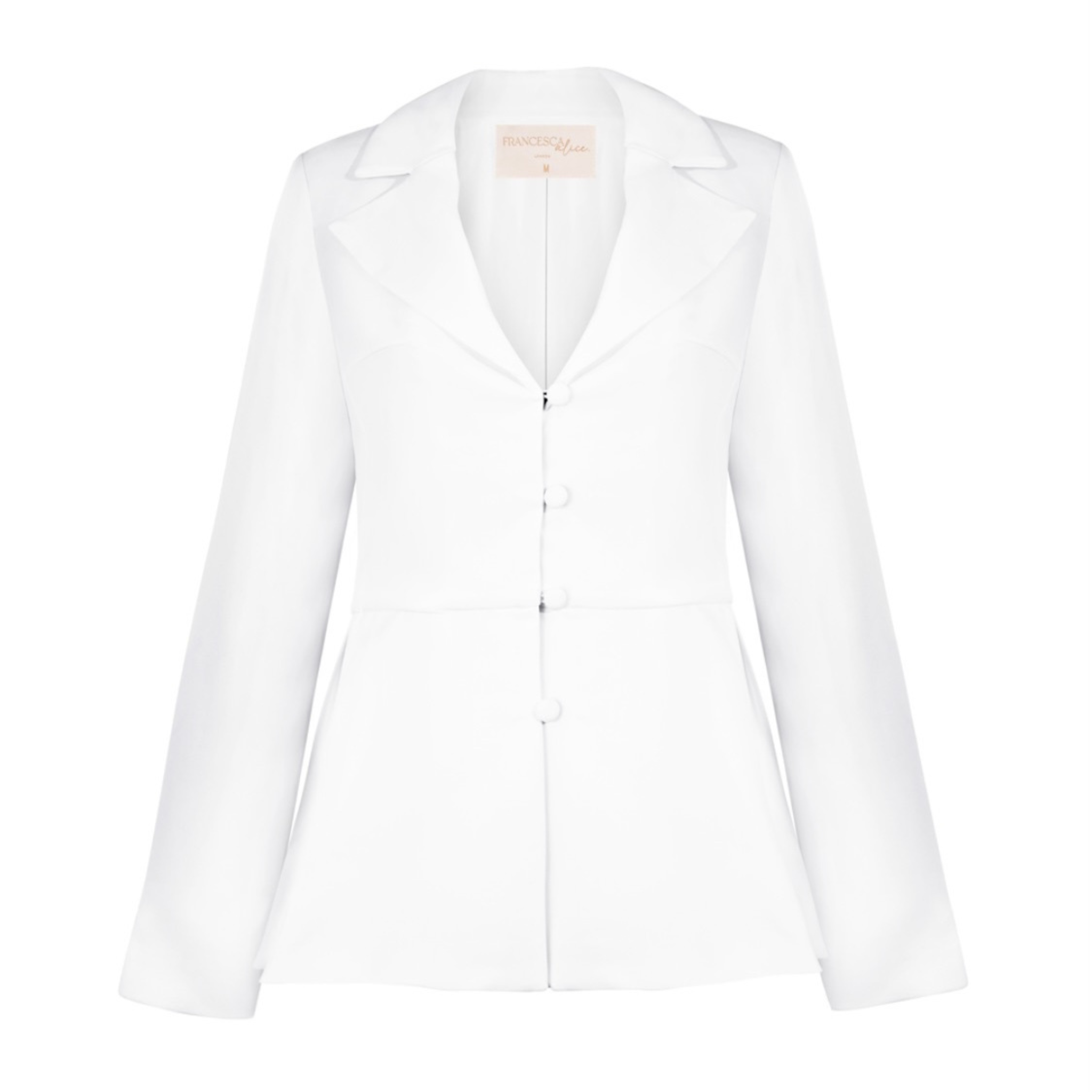 White single-breasted peplum jacket with four-button fastening. This stylish jacket features a peplum silhouette with a flattering fit and a sleek single-breasted design. The crisp white color adds a touch of sophistication, making it a versatile and fashionable choice for any ensemble.