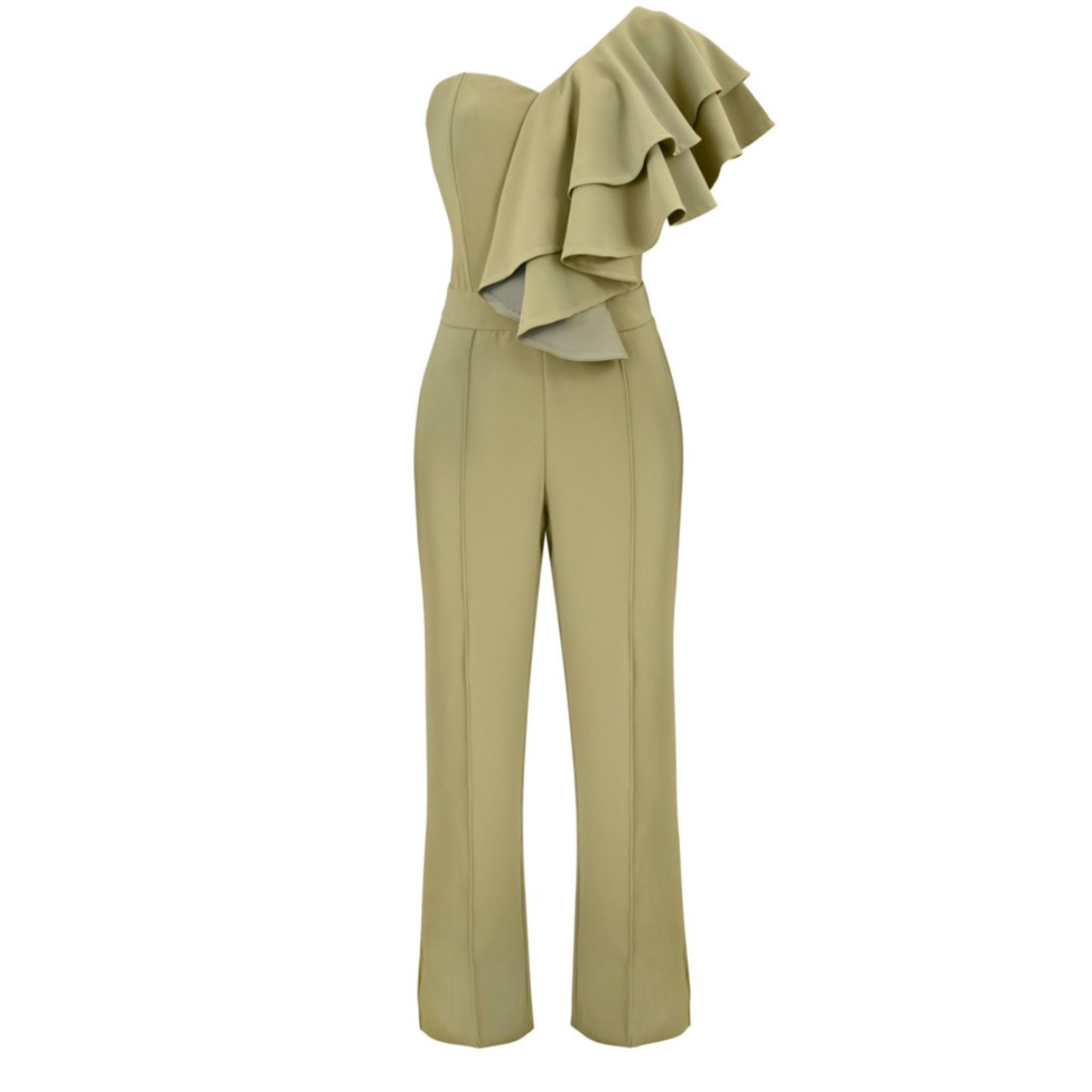 Sage green one-shoulder ruffle jumpsuit with cigarette trousers. This stunning jumpsuit features a single shoulder design with a ruffle detail, exuding elegance and femininity. The sleek cigarette trousers complete the chic look, perfect for a stylish and glamorous statement