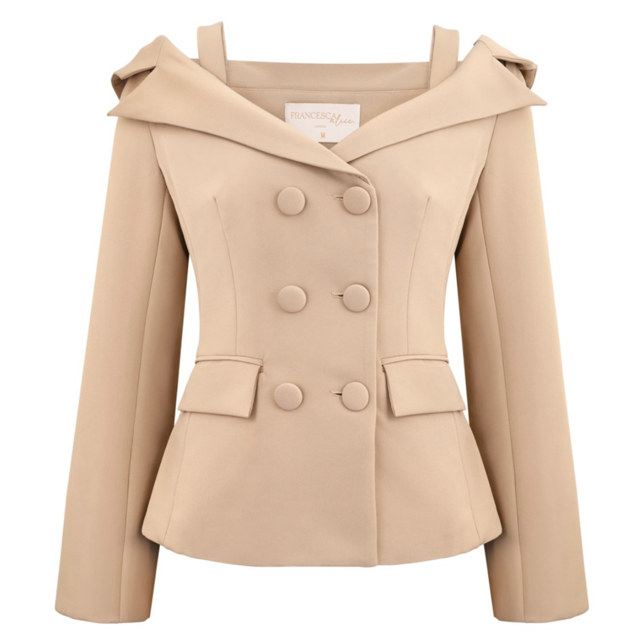 Camel off-the-shoulder double-breasted blazer for women. This stylish blazer features a button fastening and an off-the-shoulder design, adding a contemporary twist to a classic wardrobe staple. Perfect for a chic and sophisticated look